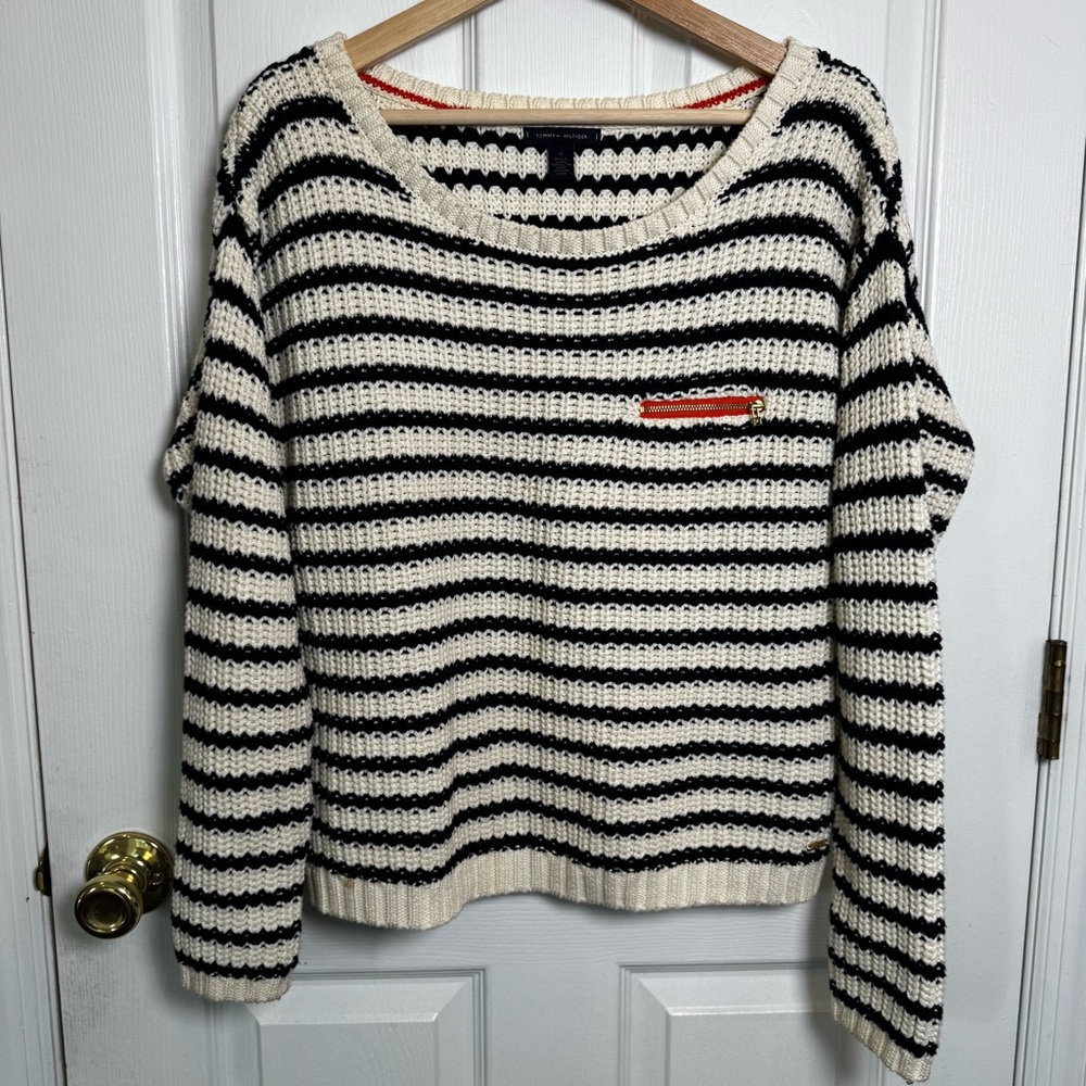 Tommy Hilfiger Striped Knit Sweater Navy Ivory Nautical Cotton Pullover Medium